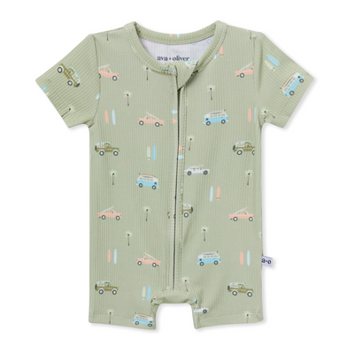 Short Zip Romper - Vintage Surf Cars Ribbed