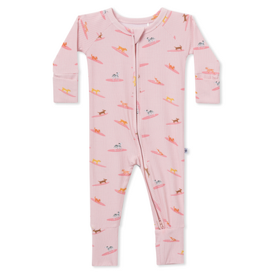 Zip Romper - Pink Surfing Dogs Ribbed