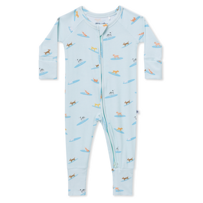 Zip Romper - Blue Surfing Dogs Ribbed