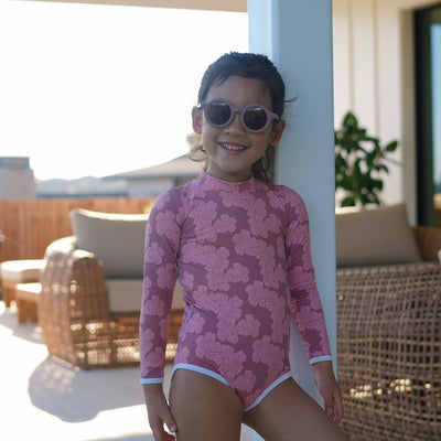 Girls Rashguard One Piece Swimsuit - Mauve Hibiscus